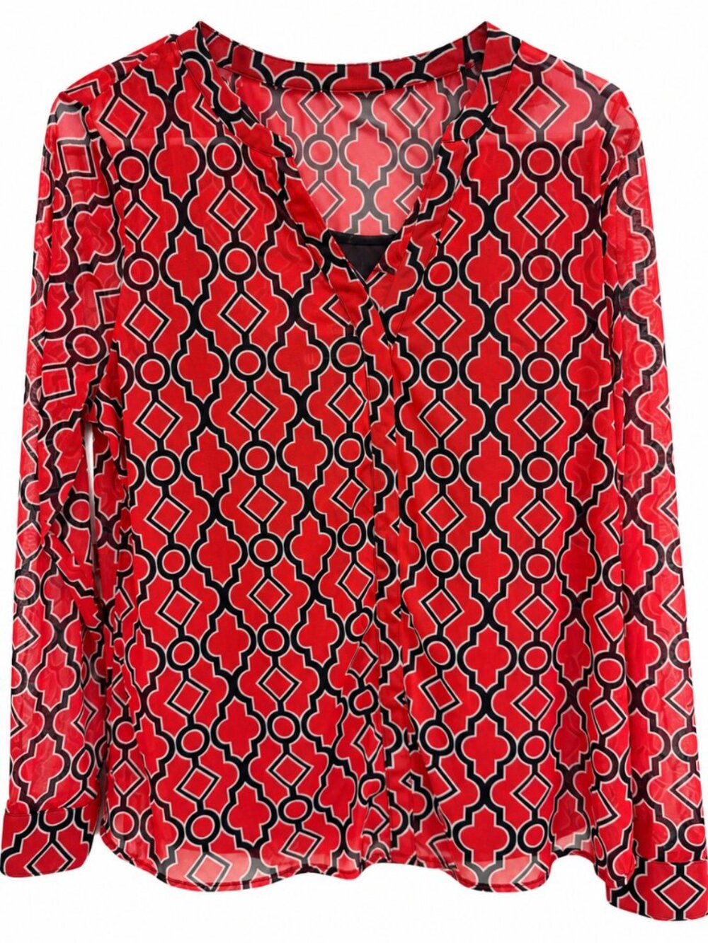 INC International Concepts Red Black Geometric Sheer Mesh Blouse XL Attached Cam